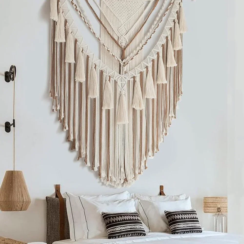 Boho Macrame Woven Brown Handmade Mid Century Modern Hanging Tassel Wall Decor